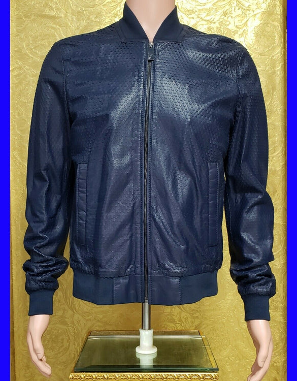 BRAND NEW VERSACE PERFORATED LAMB LEATHER DARK BLUE BOMBER JACKET 52 - 42 (XL)