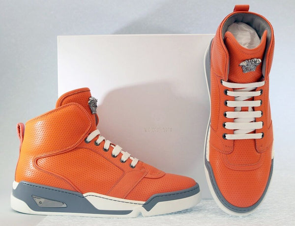 $1,125 New Versace Men's Orange Perforated Leather High-Top Sneakers 4 ...