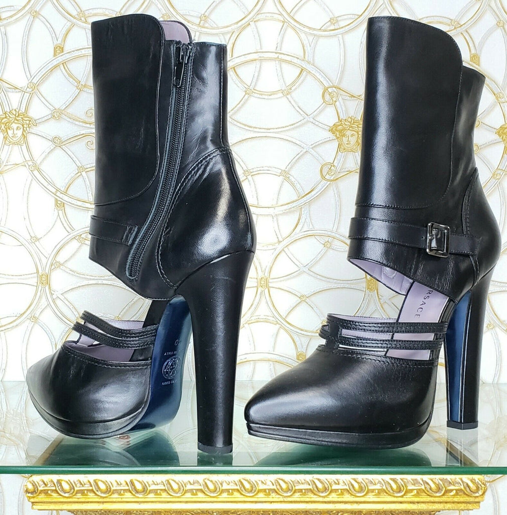 NEW VERSACE BLACK LEATHER CUTOUT BOOTS with BLUE METALLIC SOLE 40 - 10