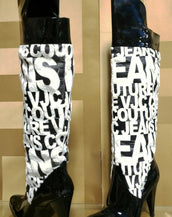 VERSACE VJC BLACK AND WHITE PATENT LEATHER and FAUX FUR OVER KNEE BOOTS 39 - 9