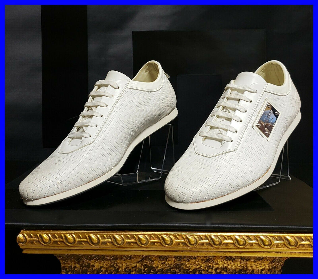 NEW VERSACE WHITE  LEATHER SNEAKERS with a GREEK PATTERN 39.5 - 6.5