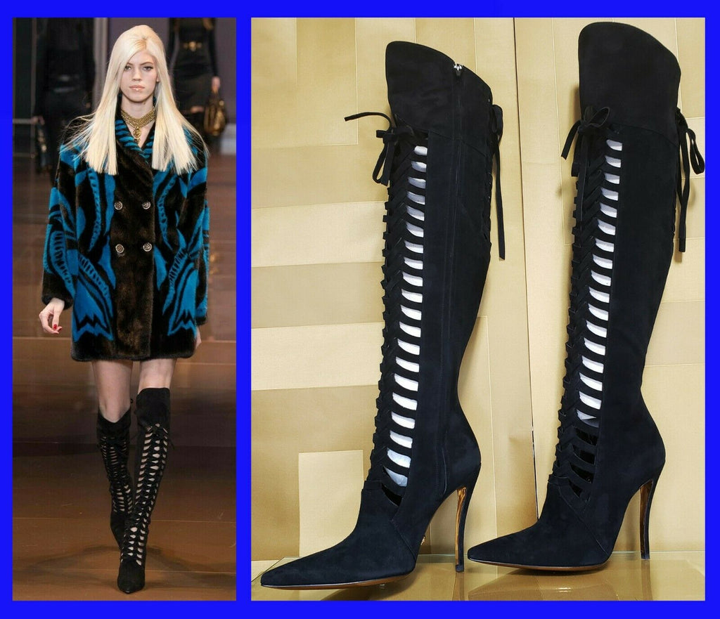 F/W 2014 Look # 27 NEW VERSACE BLACK SUEDE OVER THE KNEE BOOTS 38 - 8