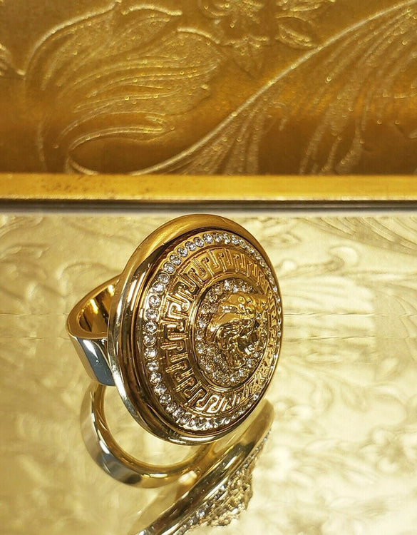 NEW GIANNI VERSACE CRYSTAL GOLD PLATED MEDUSA VANITAS DISC RING Size 7.25