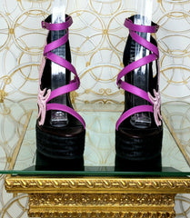 NEW VERSACE PURPLE LEATHER and PINK LACE WEDGE SANDALS  37 - 7; 37.5 - 7.5; 38 - 8;38.5 - 8.5; 39.5 - 9.5