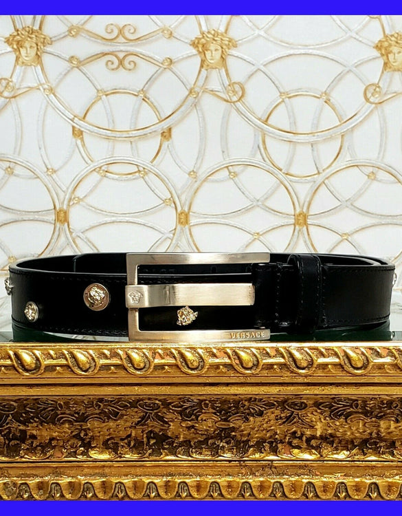 NEW VERSACE BLACK LEATHER BELT with LIGHT GOLD PLATED MEDUSA STUDS 90/36