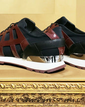 NEW VERSACE COLLECTION BURGUNDY and BLACK LEATHER SNEAKERS 44 -11
