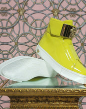 VERSACE YELLOW PATENT LEATHER FASHION SNEAKERS  37.5 - 7.5