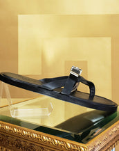 VERSUS VERSACE BLACK LEATHER THONG SANDALS  with SILVER LION and BUCKLE 44-11