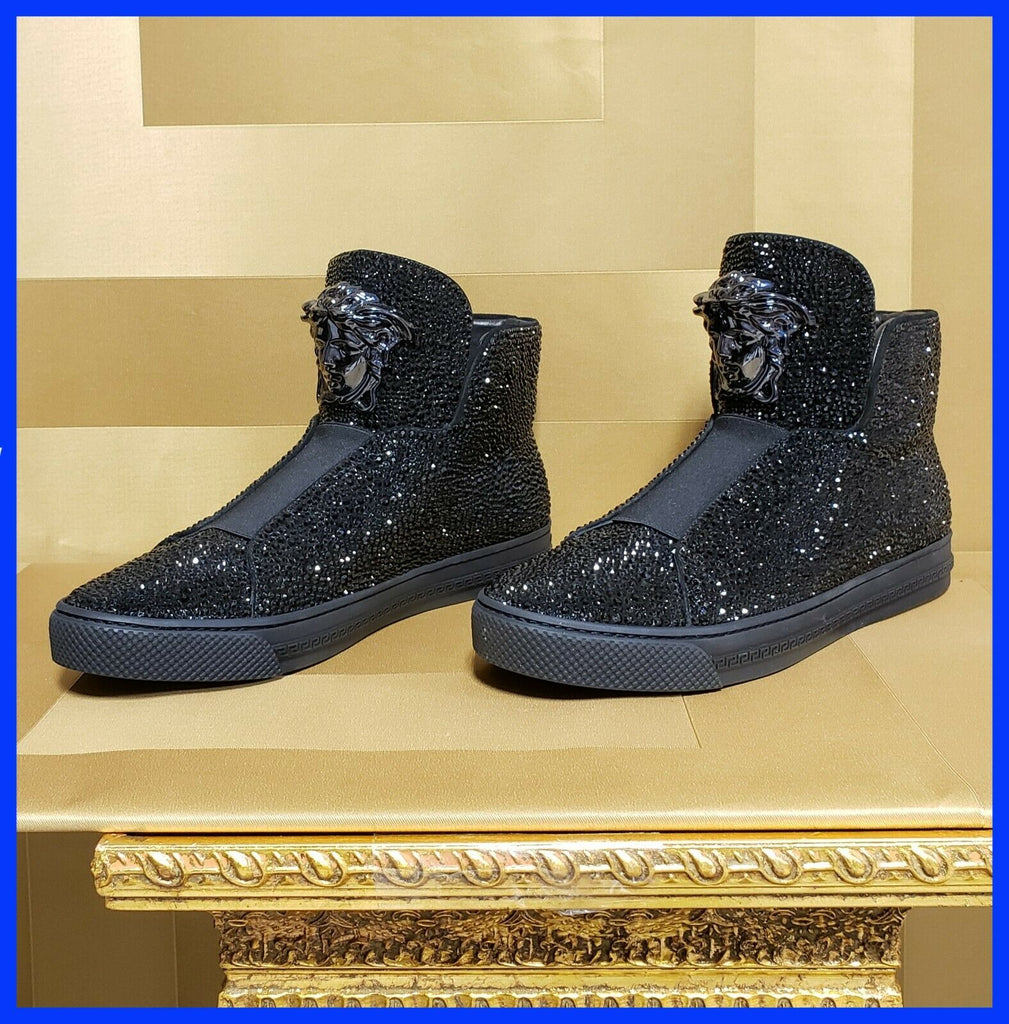 NEW VERSACE BLACK PALLAZO HIGH-TOP CRYSTAL EMBELLISHED NEAKERS 41 - 8