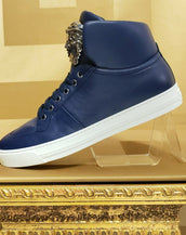 NEW VERSACE DARK BLUE LEATHER PALAZZO HIGH-TOP SNEAKERS 39 - 6