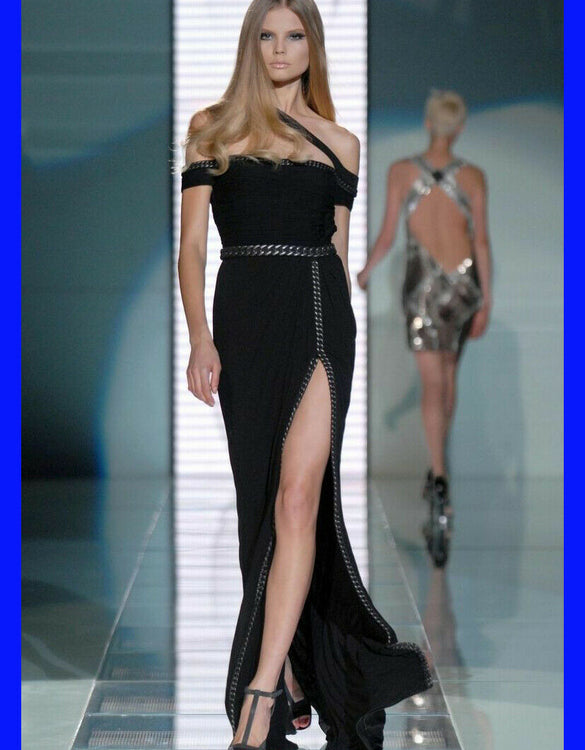 $12,150 NEW VERSACE CHAIN EMBELLISHED LONG BLACK DRESS GOWN  40 - 4