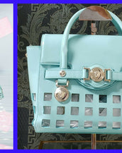 S/S 2015 look # 9 VERSACE PERFORATED PATENT BLUE LEATHER BAG