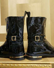 F2012 look42 NEW VERSACE BACK PATENT LEATHER BUCKLE BOOTS with SIDE ZIPPER 44-11