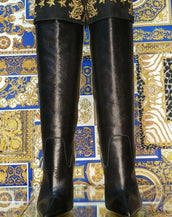 Pre-Fall 2013 L# 8 VERSACE MILITARY BLACK LEATHER KNEE BOOTS w/EMBROIDERY 40-10