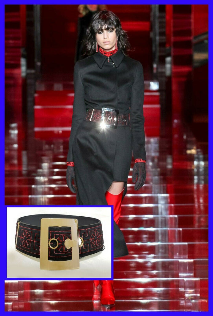 F/2015 LOOK#1  NEW VERSACE BLACK w/RED EMBROIDERED GREEK SUEDE BELT 70/28