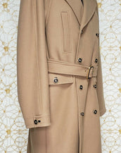 NEW VERSACE BEIGE WOOL COAT with BLACK LEATHER DETAILS size M