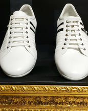 NEW VERSACE WHITE LACE-UP LEATHER SNEAKERS with BLACK STRIPS 44 - 11