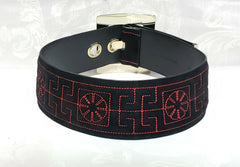 F/2015 LOOK#1  NEW VERSACE BLACK w/RED EMBROIDERED GREEK SUEDE BELT 70/28