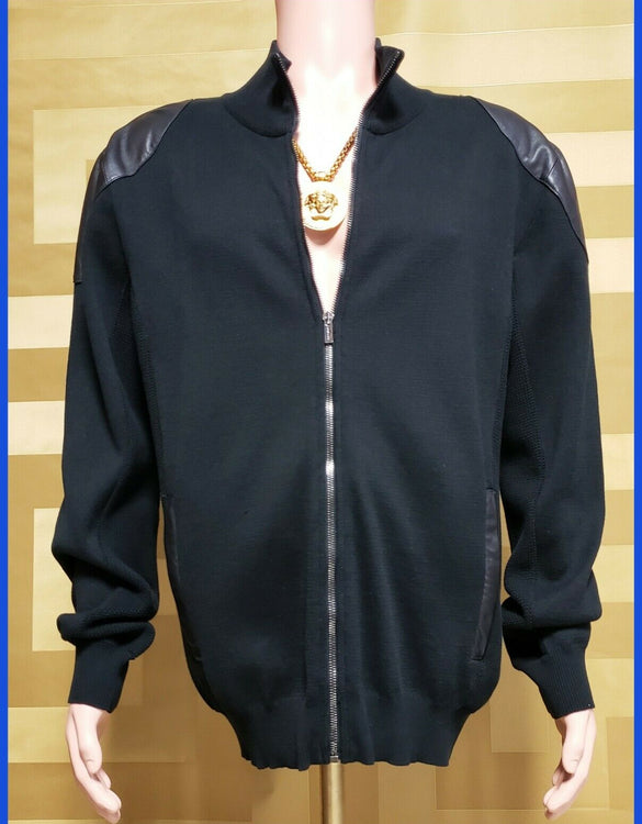BRAND NEW VERSACE ZIPPER COTTON JACKET WITH LEATHER SHOULDERS XXL
