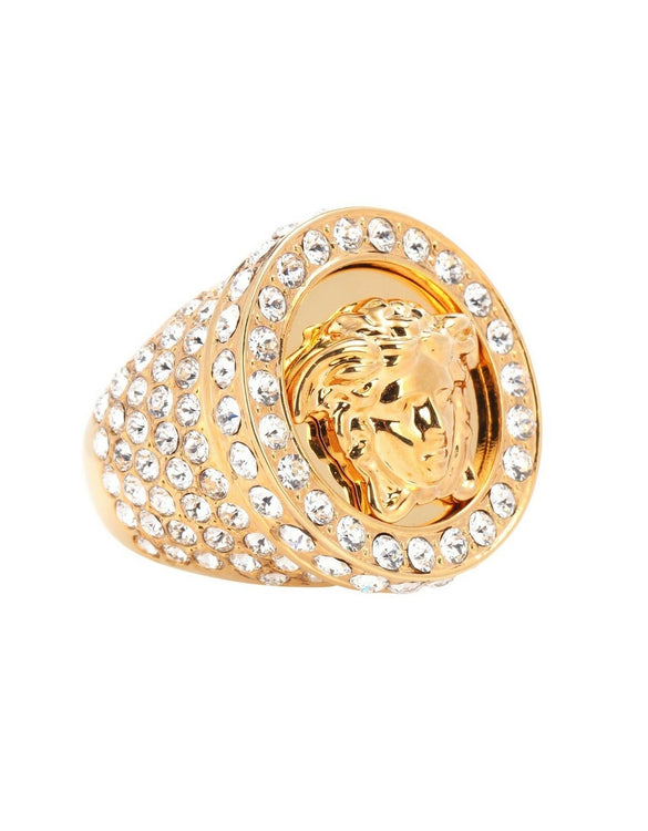 NEW VERSACE ALL OVER CRYSTAL GOLD PLATED MEDUSA RING Size 7